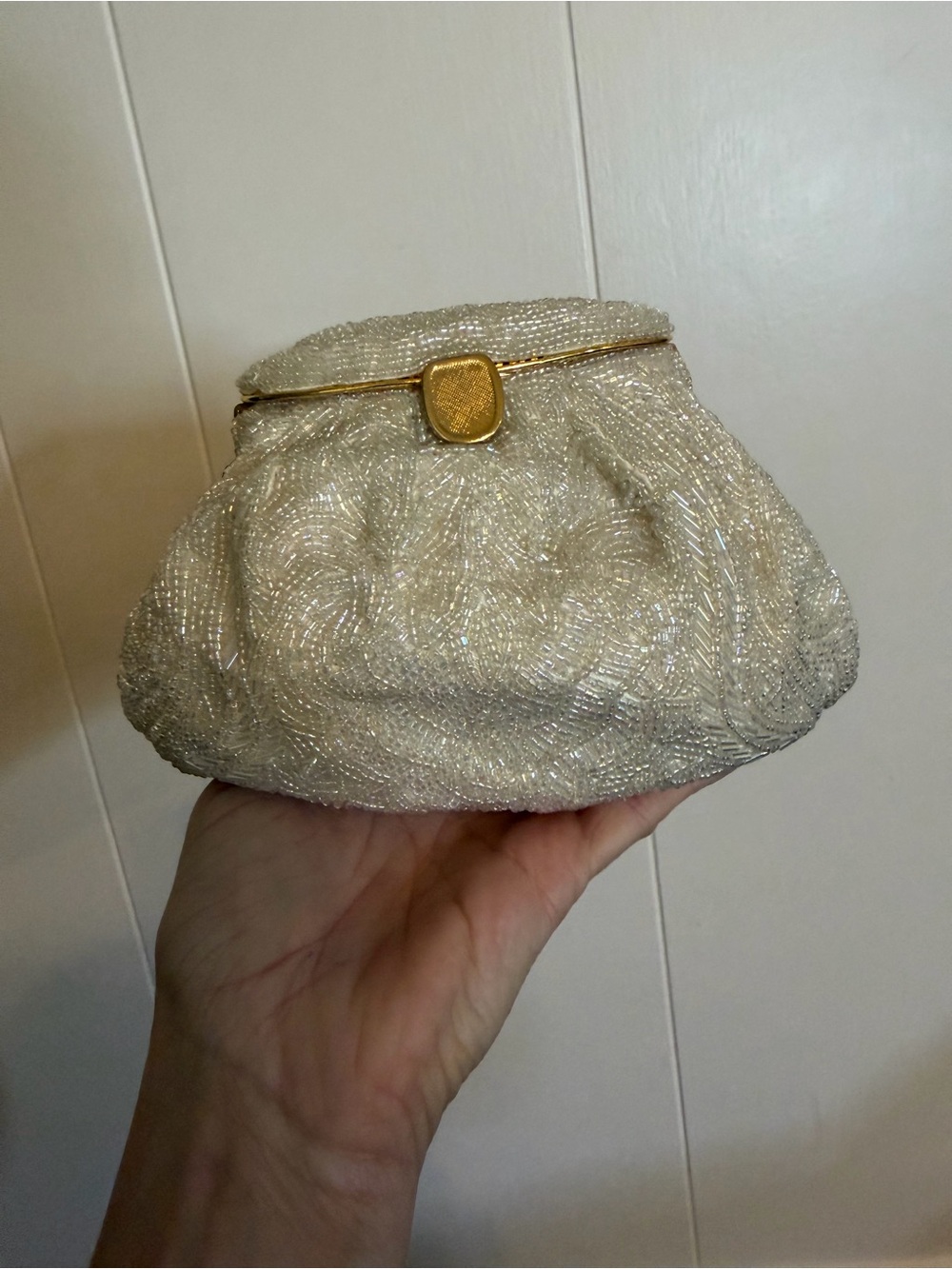 Beaded Ivory Evening Clutch with Gold Accents